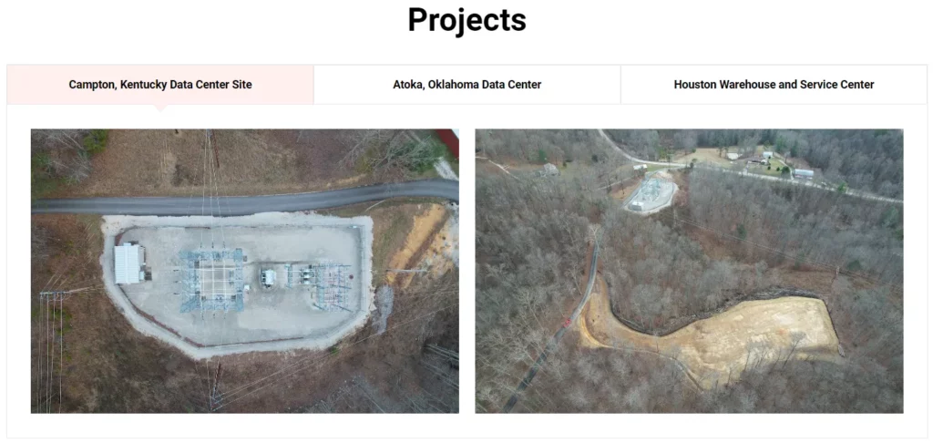 the company website showcases its data center projects in Campton, Atoka, and Houston.