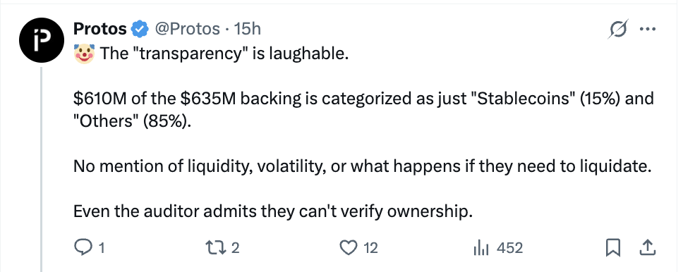 Lack of transparency from USDf- Source: X
