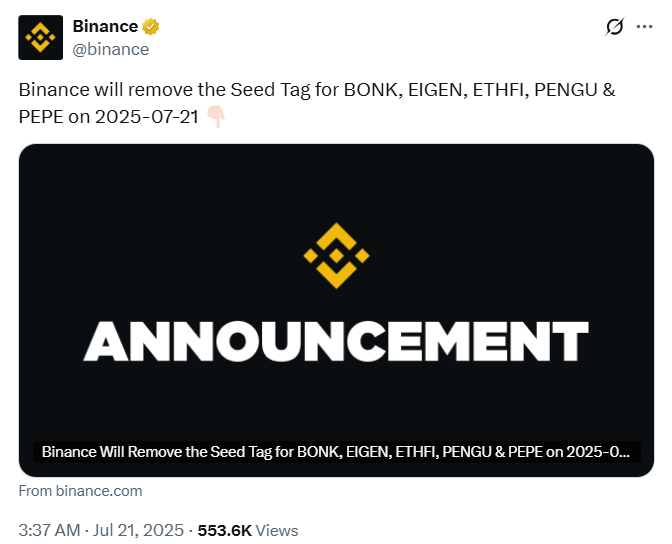Seed Tag Update | Source: Binance