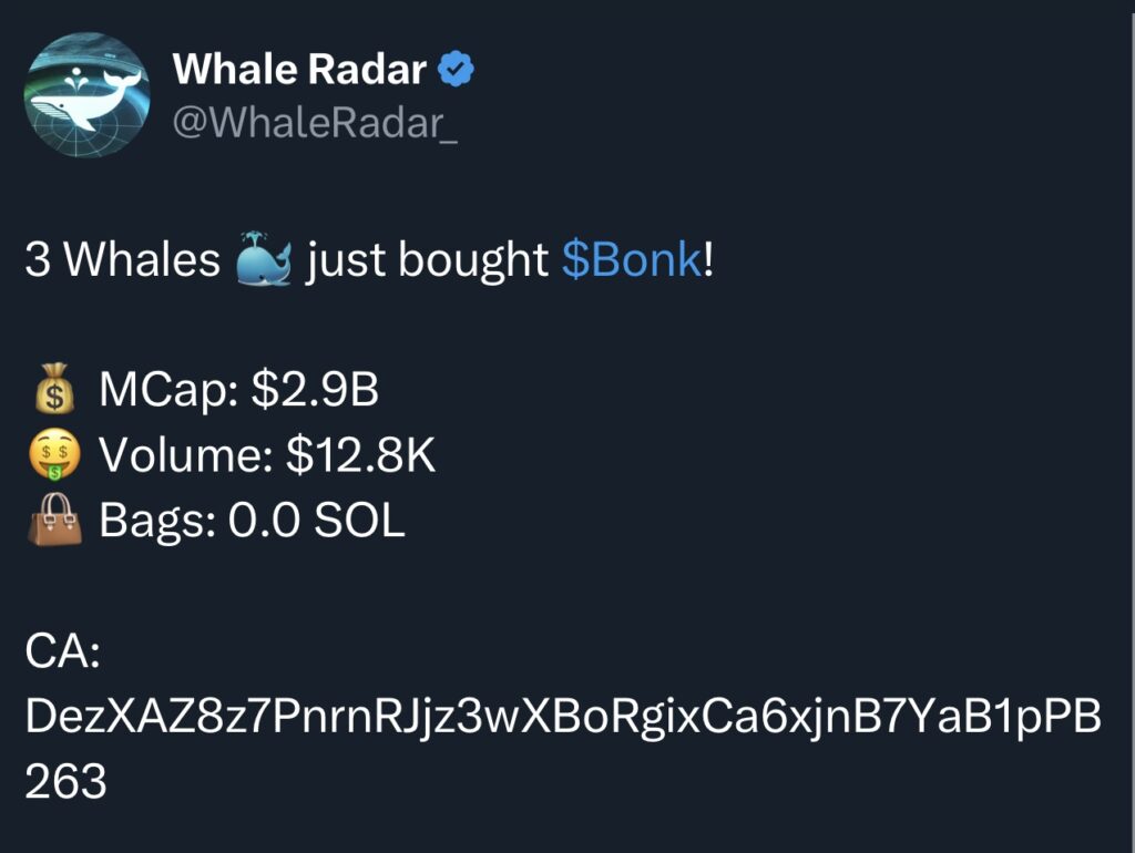 Whales on BONK buying spree- Source: Whale Radar
