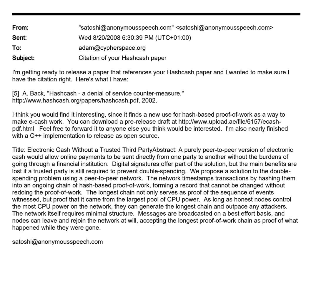 Satoshi Nakamoto 17-Year Old Email to Adam Back