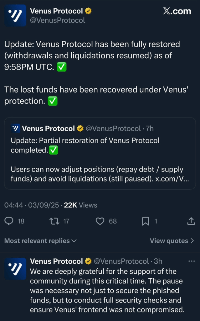 Venus Protocol Announces Resumption Of Services | Source: X