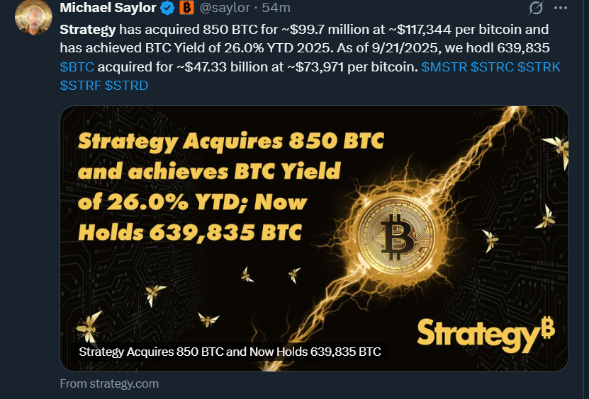 Стратегия покупает 850 BTC | Источник: Майкл Сэйлор
