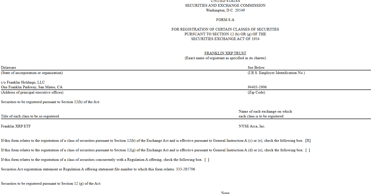 Franklin XRP ETF (XRPZ) 8-A Filing | Source: US SEC