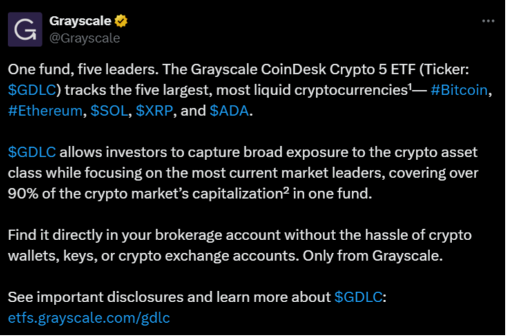 Новости Cardano: ADA в оттенках серого CoinDesk Crypto 5 ETF | Источник: оттенки серого, X.