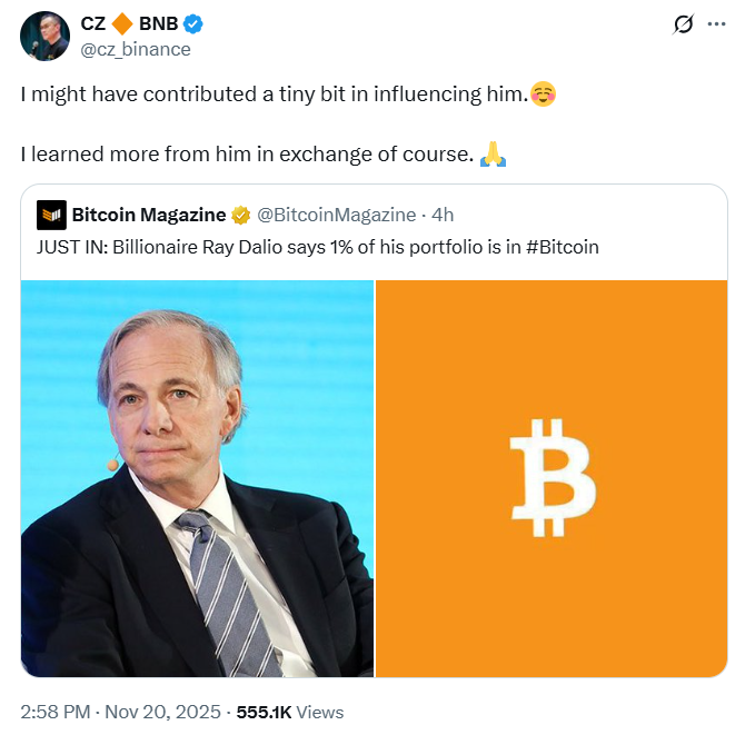 Ray Dalio Bitcoin Portfolio | Source: Changpeng Zhao