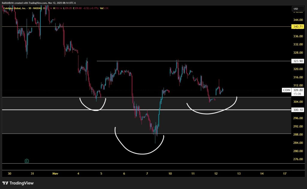 График цен Coinbase (COIN) за месяц | Источник: BRITT/TradingView.
