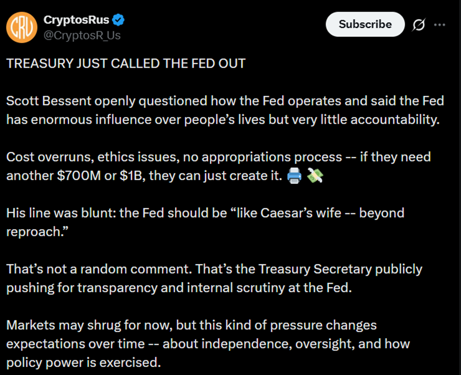 Image depicting Scott Bessent criticizing the Federal Reserve.