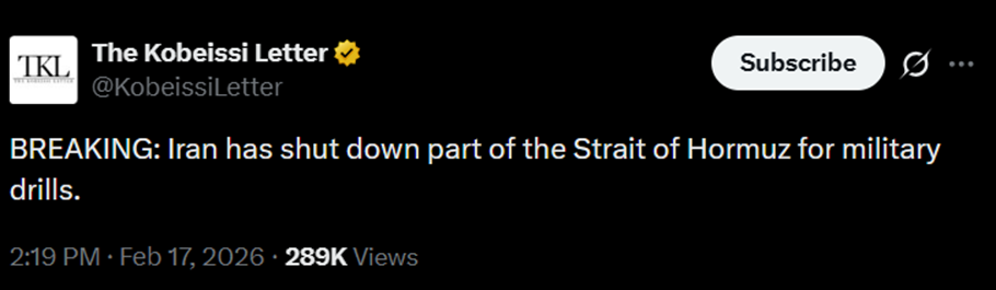 O Irão encerra temporariamente o Estreito de Ormuz/ fonte: X cortesia da Kobeissi Letter