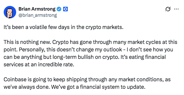 Coinbase News: Brian Armstrong on Crypto Market Crash | Source: X