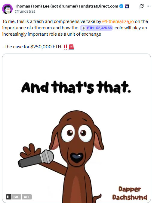 Noticias de Ethereum: Tom Lee's ETH Price Call | Fuente: Tom Lee, X