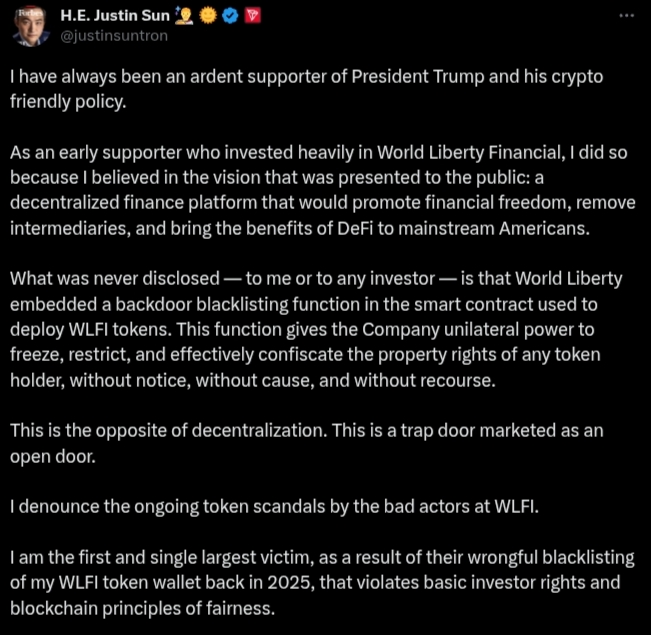 Justin Sun Accuses Trump-backed WLFI | Source: Justin Sun (X)