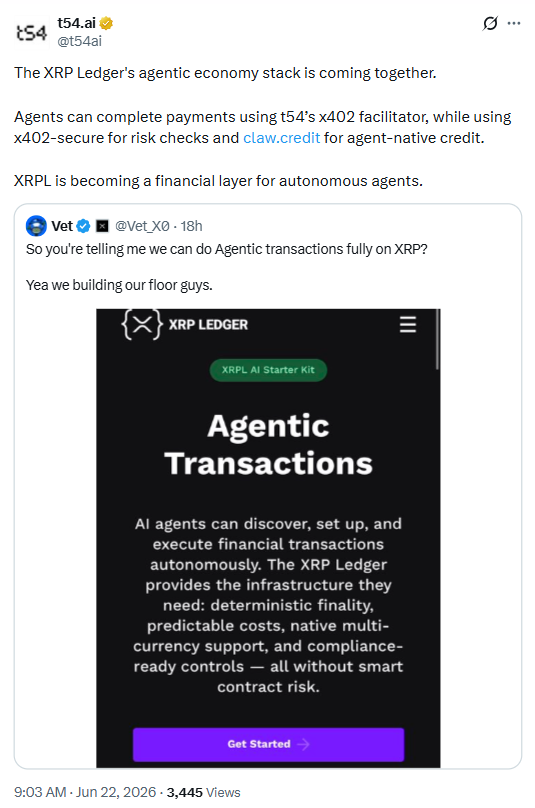 XRP Ledger Agentic Economy Update | Source: t54.ai