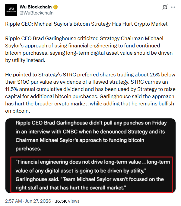 Brad Garlinghouse on Michael Saylor Bitcoin Funding Model | Source: Wu Blockchain