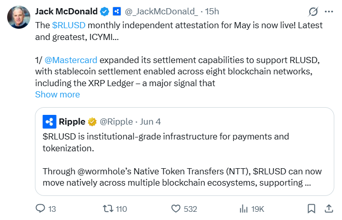 XRP news covering RLUSD Monthly Attestation | Source: Jack McDonald