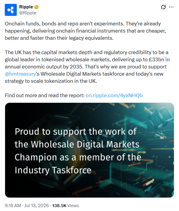 XRP News - Ripple Backs UK Onchain Funds | Source: Ripple (X)