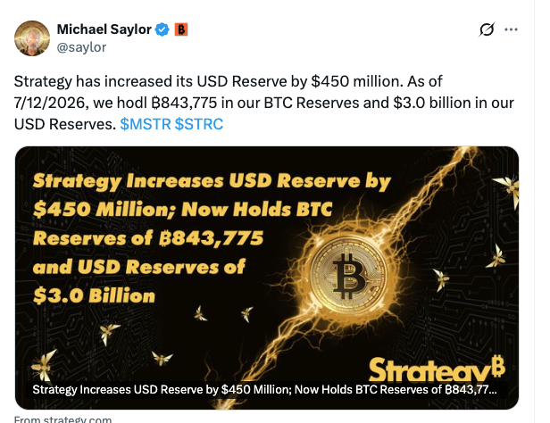 Bitcoin News: Strategy (MSTR) Increases Cash Reserve | Source: X