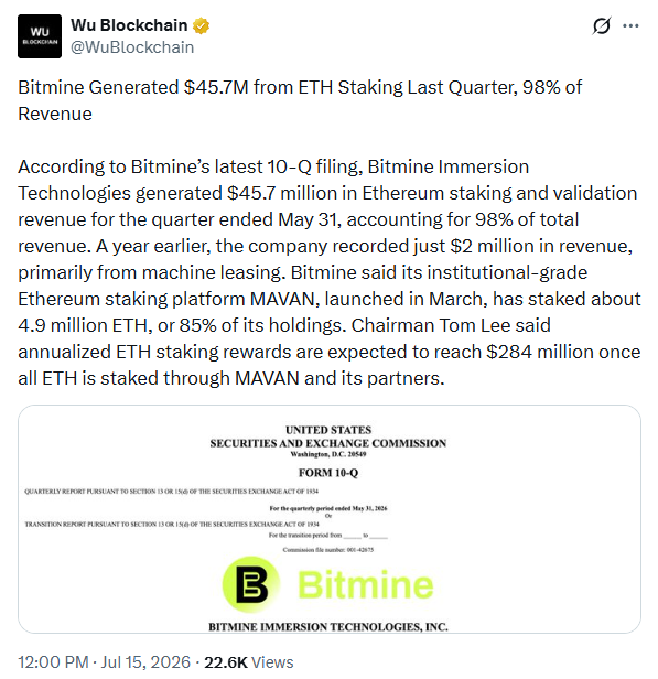 BitMine Ethereum Staking Outlook | Source: Wu Blockchain
