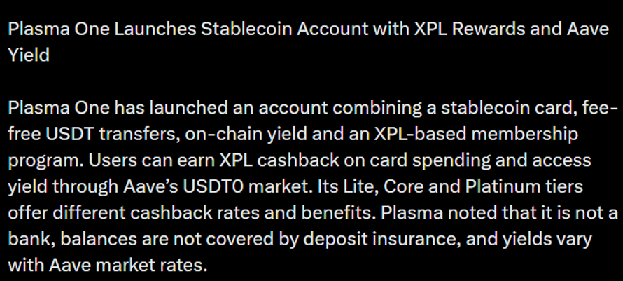 Plasma One Stablecoin News | Source: Wu Blockchain