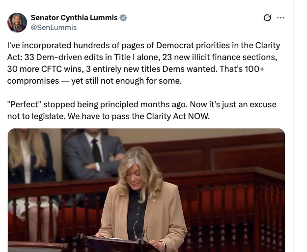 Senator Cynthia Lummis Addresses the CLARITY Act Progress | Source: X