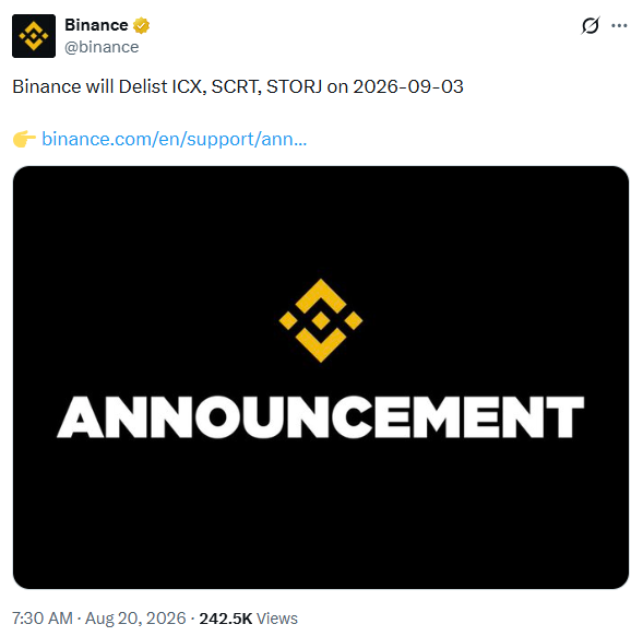 Binance News: Altcoins Up for Delisting | Source: Binance