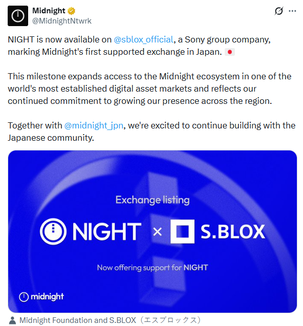 NIGHT Token Launches on S.BLOX | Source: Midnight