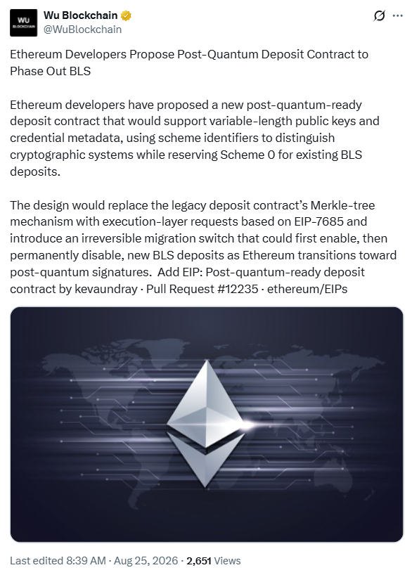 Ethereum Researchers Proposes Post-Quantum Deposit Contract | Source: Wu Blockchain