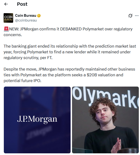 JPMorgan Debanked Polymarket | Source: X