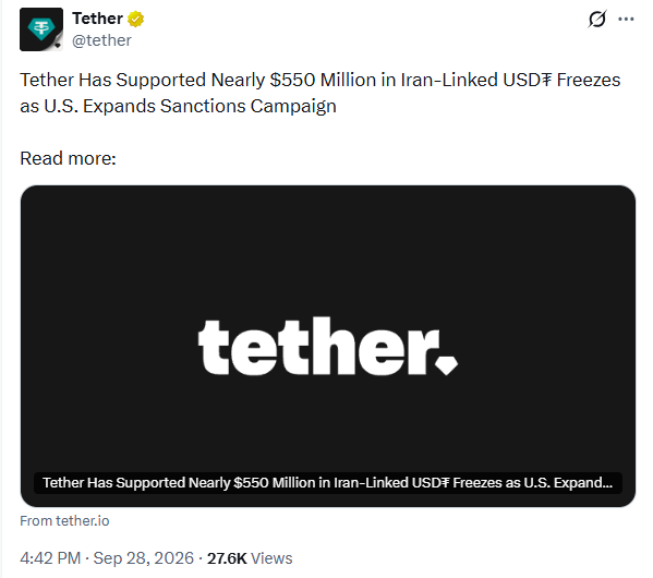 Tether Freezes $550 Million in Iran-Related USDT | Source: X