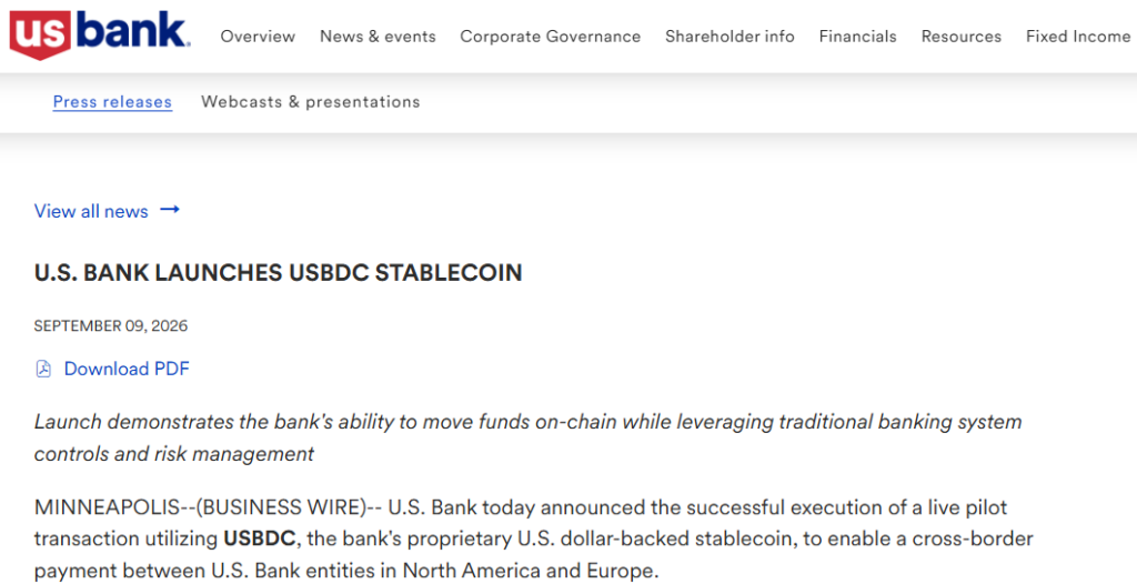 U.S. Bank Announcement on USBDC Stablecoin | Source: U.S. Bank