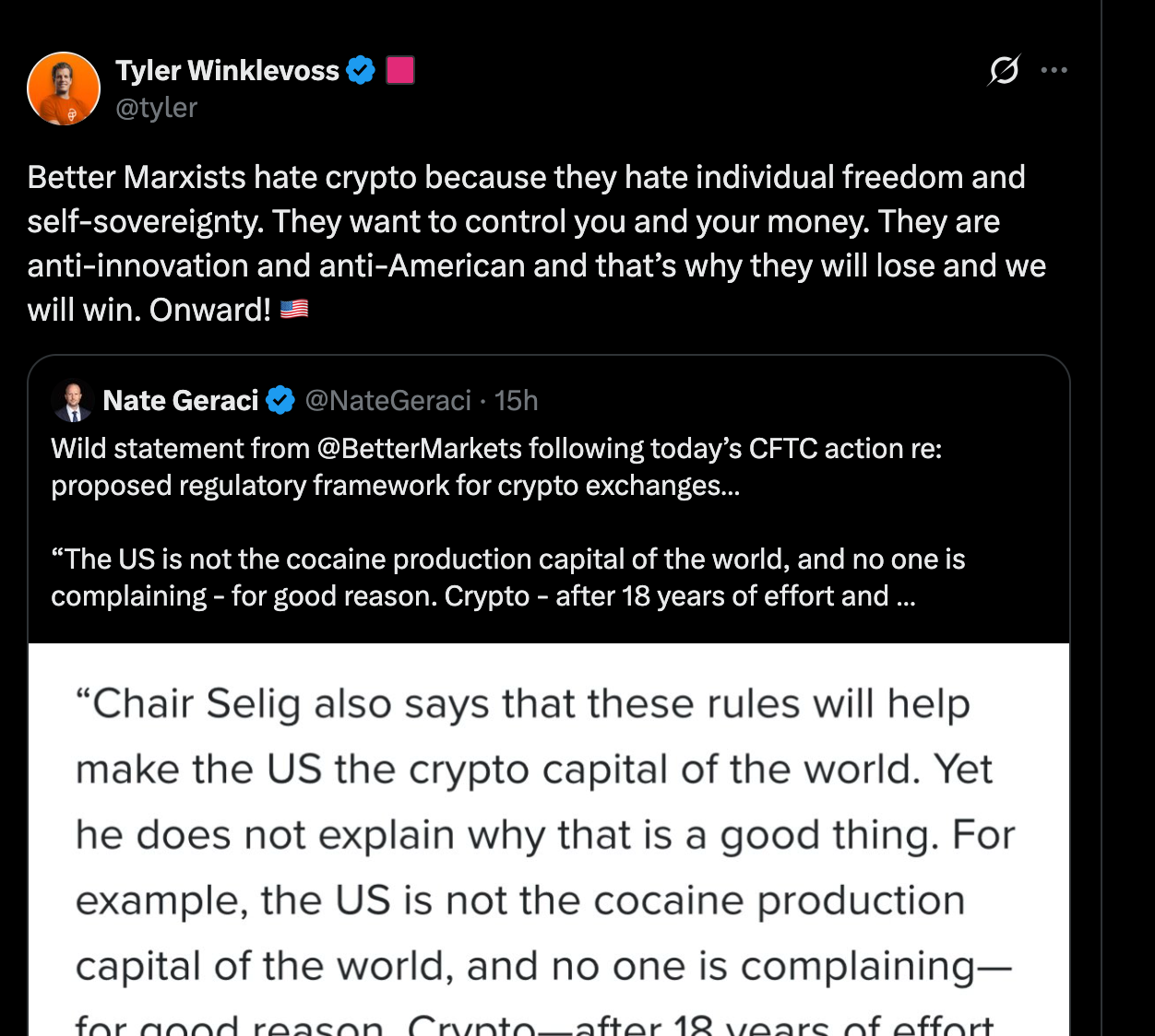 Tyler Winklevoss accuses Better Markets of opposing crypto news/Source: X