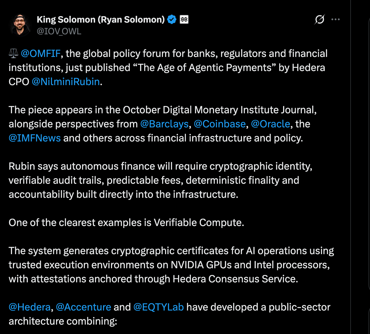 Hedera CPO outlunes the AI driven payment/Source: X